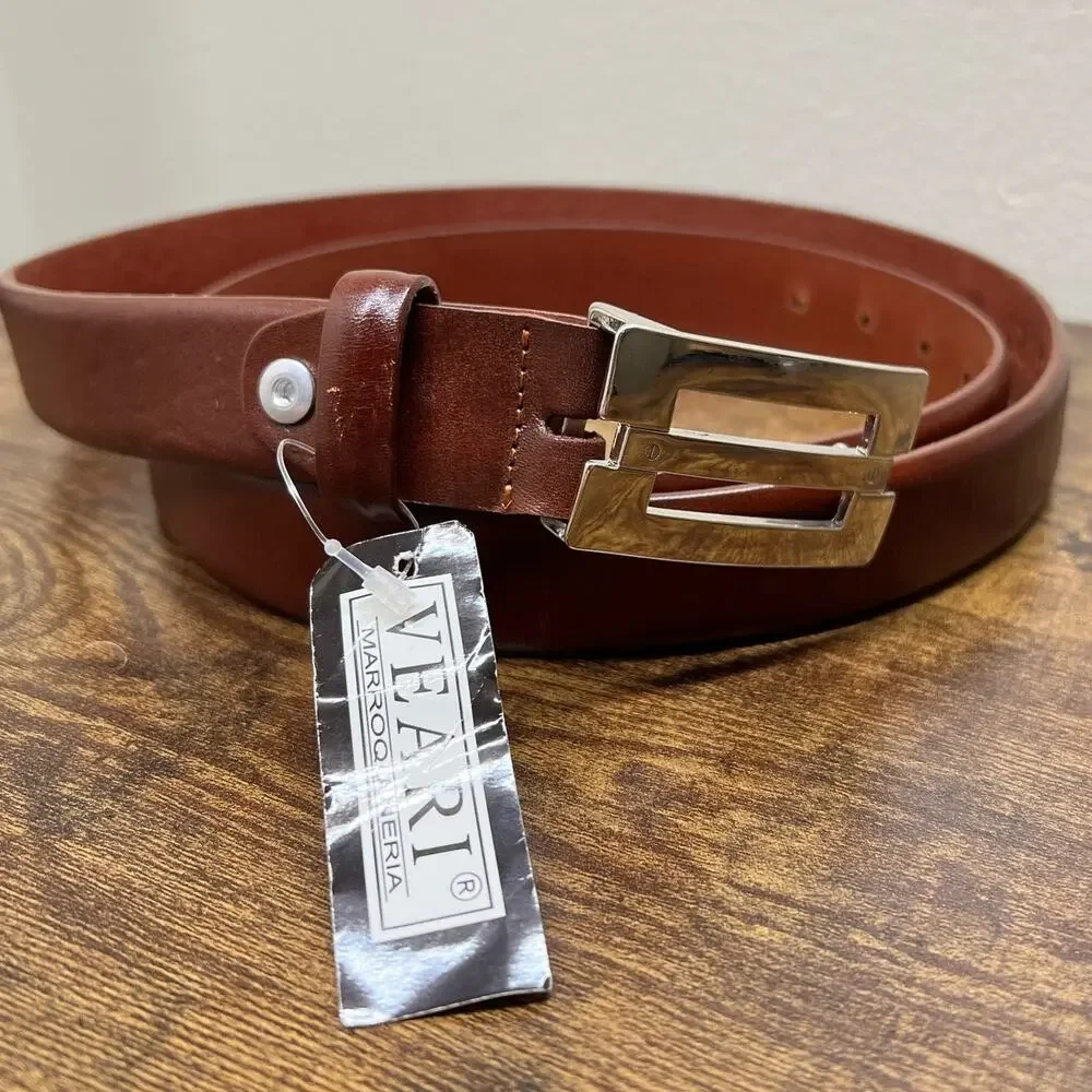 Vtg Veari Leather Belt 44 Mens Brown Mexico Silver Buckle Adjustable Deadstock
